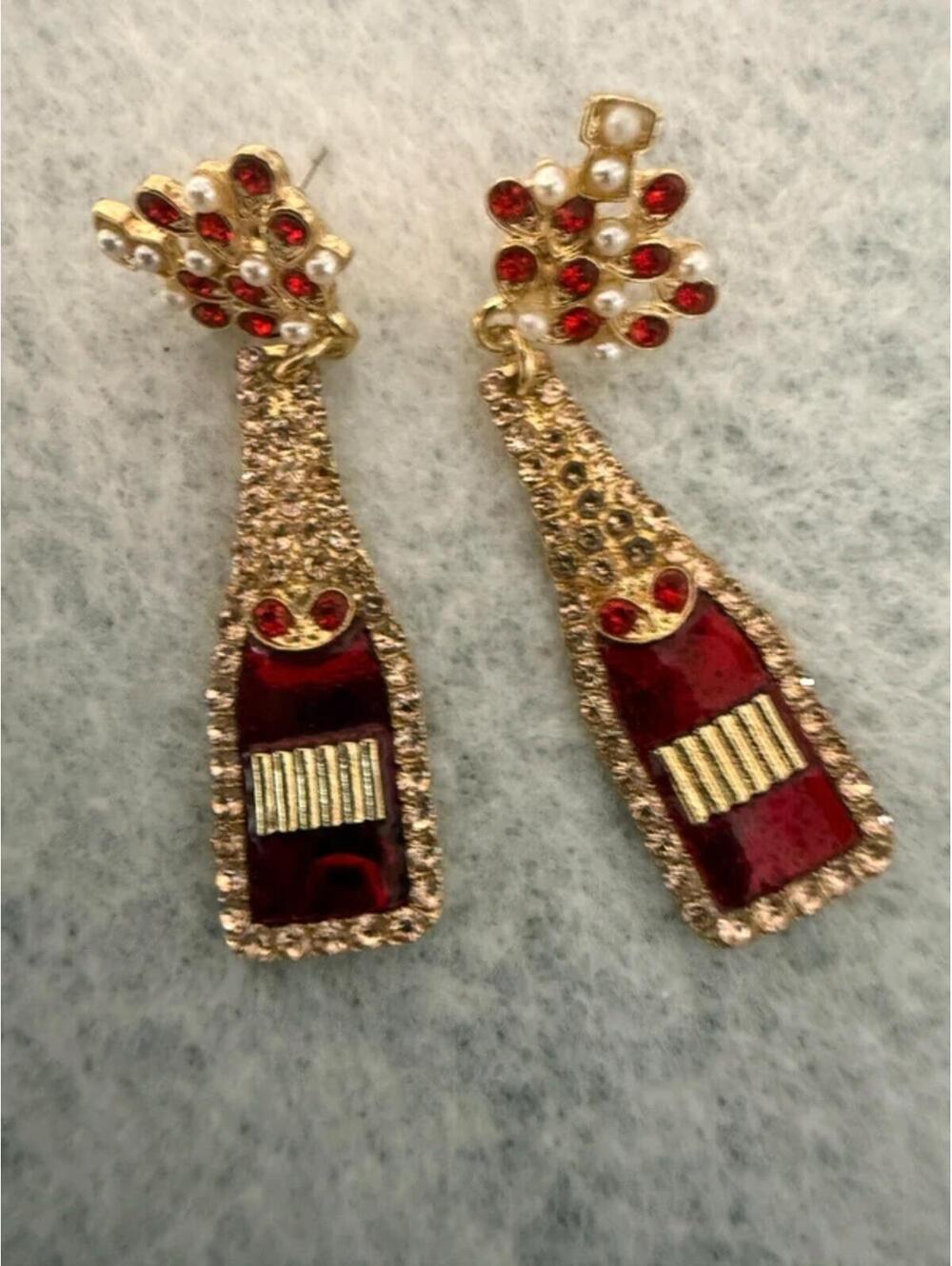 Vintage Inspired Red Champagne Bottle Rhinestone Statement Earrings
